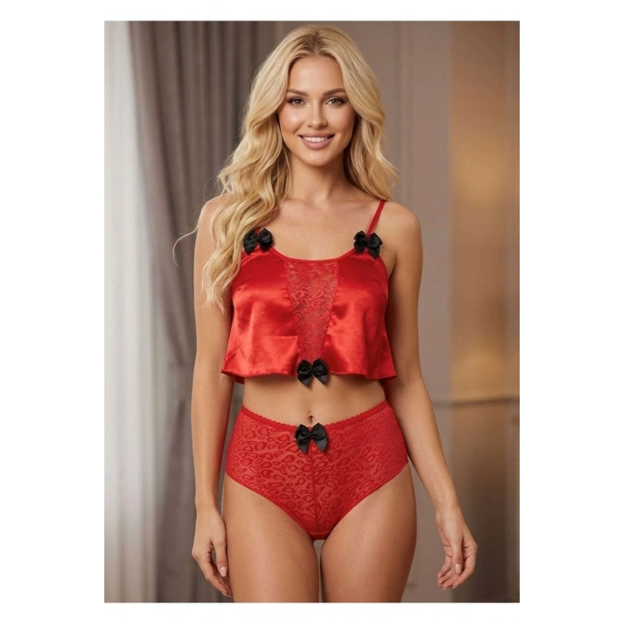 Kırmızı Saten Babydoll Takım - 333-k