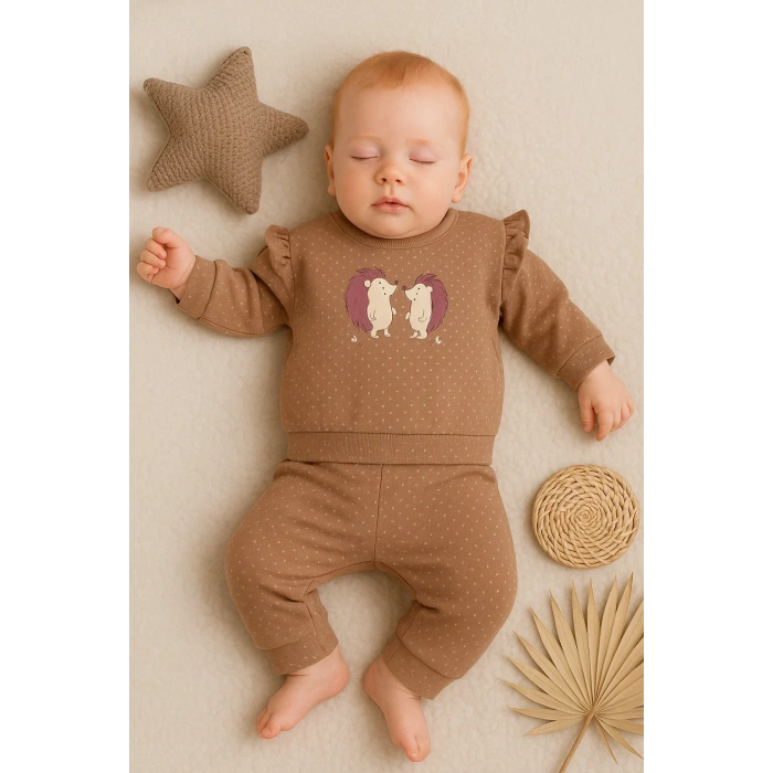 Kirpi Nakışlı % 100 Pamuk 2li Kız Bebek Takım