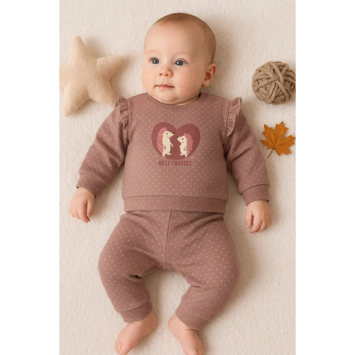 Kirpi Nakışlı % 100 Pamuk 2li Kız Bebek Takım