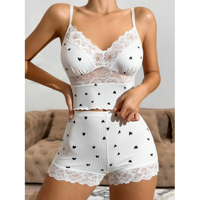 Kısa Şortlu Askılı Kalp Desenli Dantel Detaylı Pijama Takımı, Rahat Ve Şık Ev Giyim,kadın Pijama