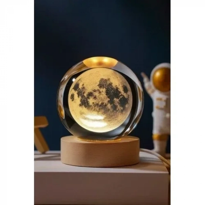 Kişiye Özel 3D Ay Küre Kristal Gün Işığı Led Gece Lambası – USBli Ahşap Standlı LED Masa Lambası
