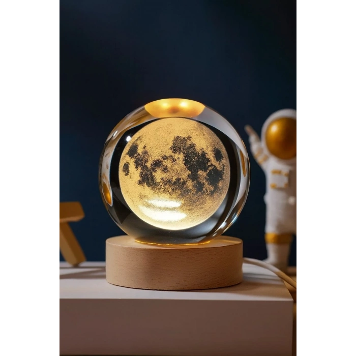 Kişiye Özel 3D Ay Küre Kristal Gün Işığı Led Gece Lambası – USBli Ahşap Standlı LED Masa Lambası