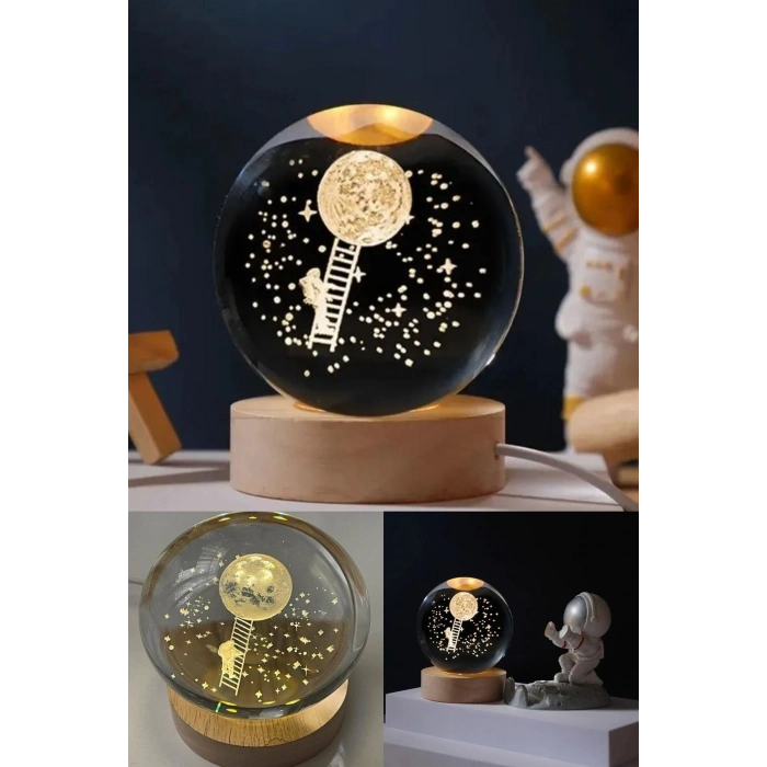 Kişiye Özel 3D Ay Merdiveni Temalı Kristal Küre Led Gece Lambası – USBli Ahşap Standlı LED Lamba