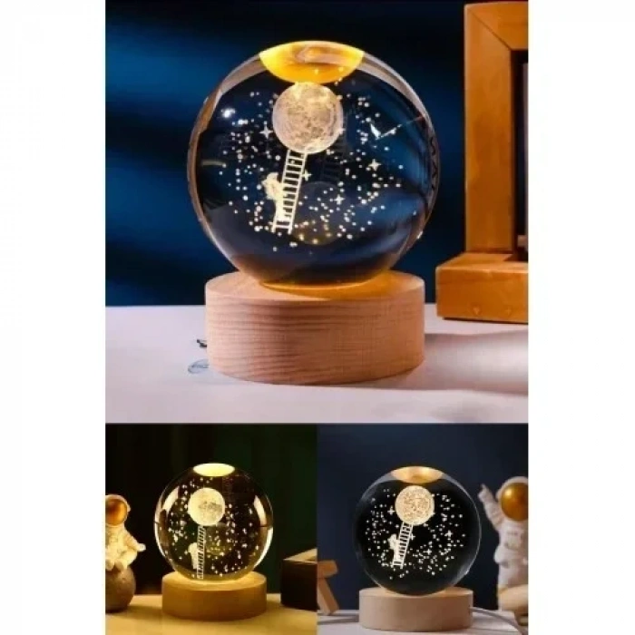Kişiye Özel 3D Ay Merdiveni Temalı Kristal Küre Led Gece Lambası – USBli Ahşap Standlı LED Lamba
