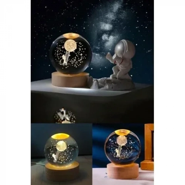 Kişiye Özel 3D Ay Merdiveni Temalı Kristal Küre Led Gece Lambası – USBli Ahşap Standlı LED Lamba