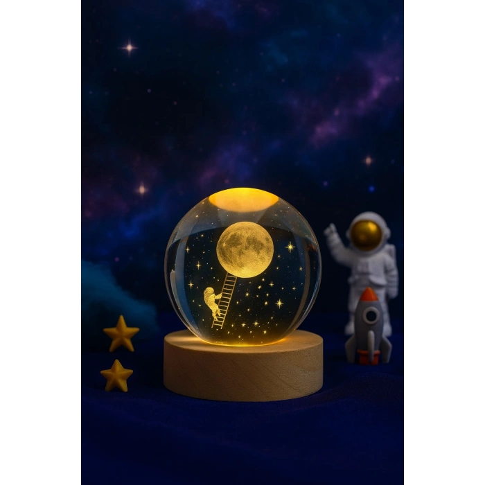 Kişiye Özel 3D Ay Merdiveni Temalı Kristal Küre Led Gece Lambası – USBli Ahşap Standlı LED Lamba