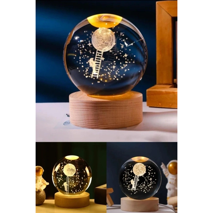 Kişiye Özel 3D Ay Merdiveni Temalı Kristal Küre Led Gece Lambası – USBli Ahşap Standlı LED Lamba