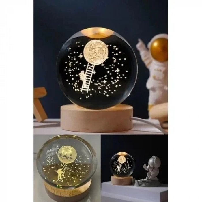 Kişiye Özel 3D Ay Merdiveni Temalı Kristal Küre Led Gece Lambası – USBli Ahşap Standlı LED Lamba
