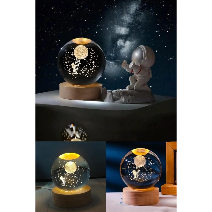 Kişiye Özel 3D Ay Merdiveni Temalı Kristal Küre Led Gece Lambası – USBli Ahşap Standlı LED Lamba