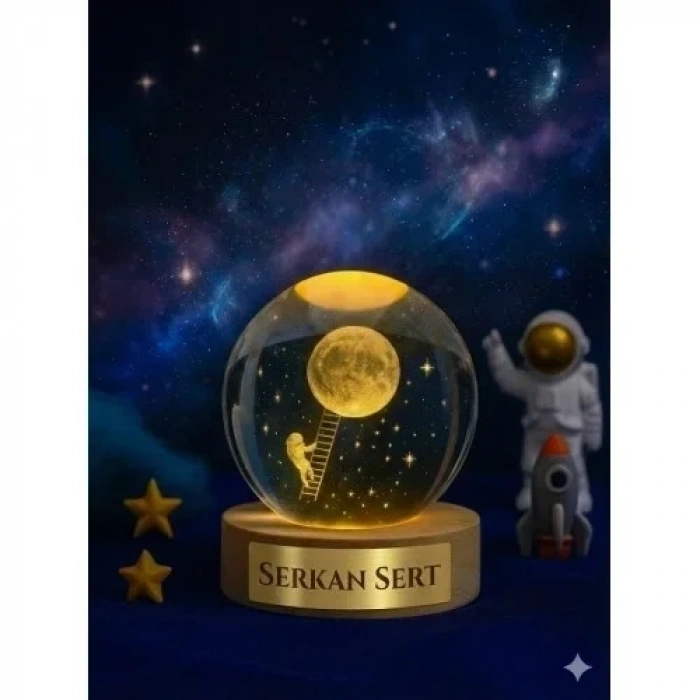 Kişiye Özel 3D Ay Merdiveni Temalı Kristal Küre Led Gece Lambası – USBli Ahşap Standlı LED Lamba