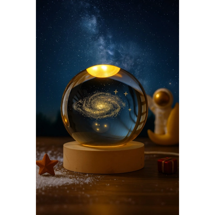 Kişiye Özel 3D Kristal Küre Samanyolu LED Lamba – USBli Ahşap Standlı Dekoratif Masa Lambası