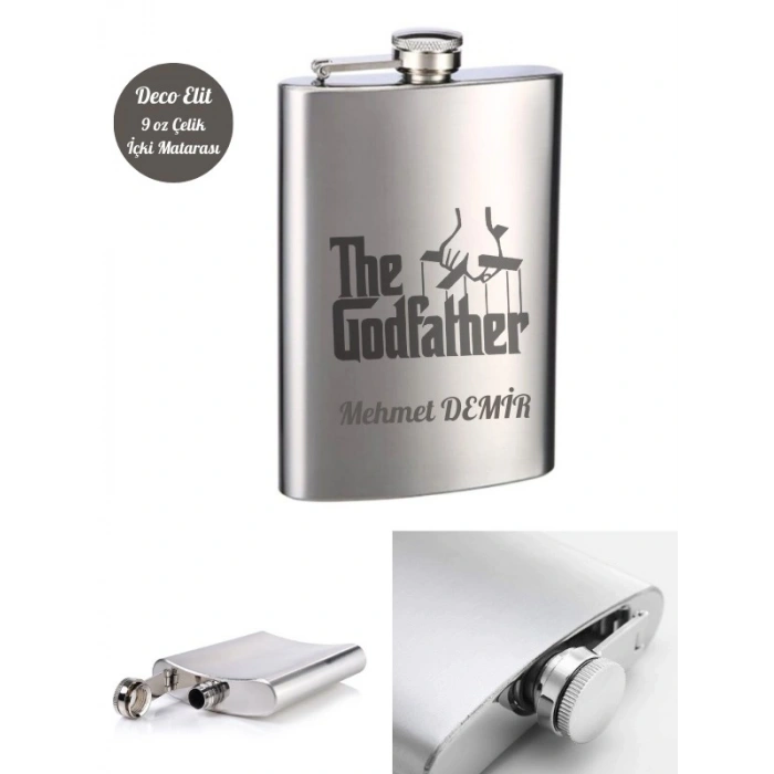 Kişiye Özel God Father 9 Oz  Çelik Cep Matarası 266 Ml İçecek Cep Matarası Babaya Hediye