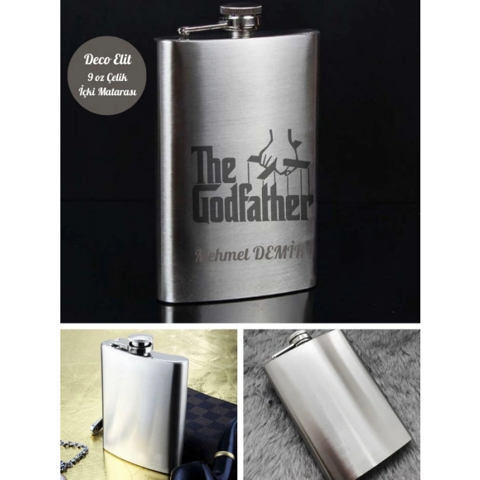 Kişiye Özel God Father 9 Oz  Çelik Cep Matarası 266 Ml İçecek Cep Matarası Babaya Hediye
