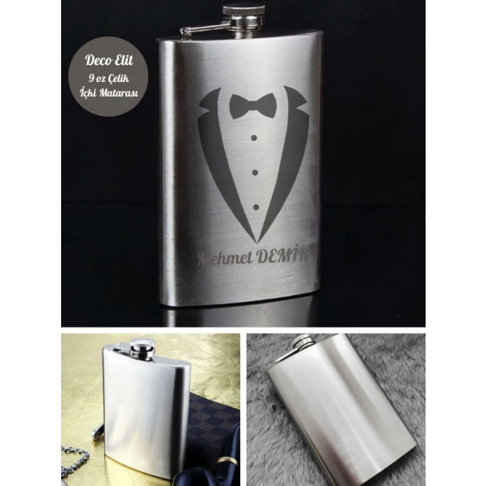 Kişiye Özel Smokin Damat Temalı 9 Oz Çelik Cep Matarası 266 Ml Sevgiliye Hediye