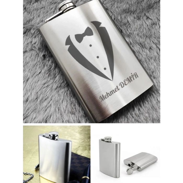 Kişiye Özel Smokin Damat Temalı 9 Oz Çelik Cep Matarası 266 Ml Sevgiliye Hediye