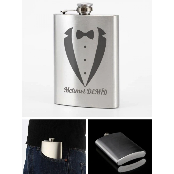 Kişiye Özel Smokin Damat Temalı 9 Oz Çelik Cep Matarası 266 Ml Sevgiliye Hediye