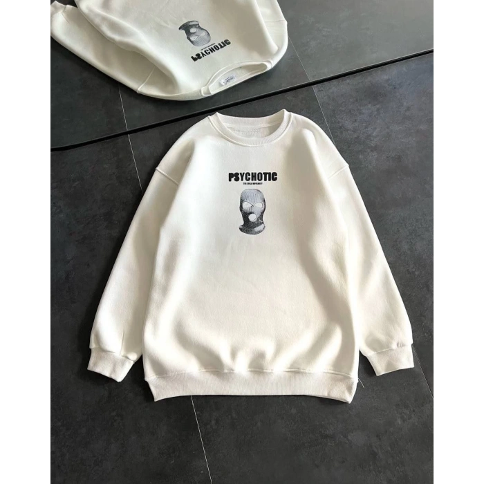 Kışlık Bisiklet Yaka Baskılı SweatShirt - Beyaz -