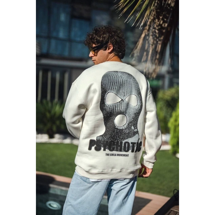 Kışlık Bisiklet Yaka Baskılı SweatShirt - Beyaz -
