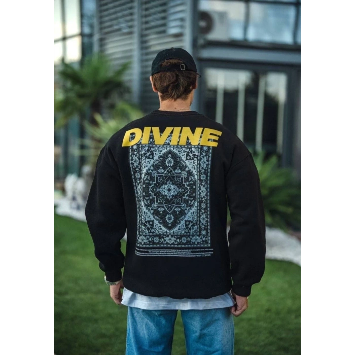 Kışlık Bisiklet Yaka Baskılı SweatShirt - Siyah -