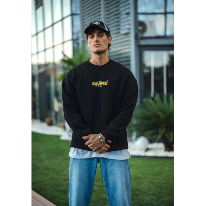 Kışlık Bisiklet Yaka Baskılı SweatShirt - Siyah -