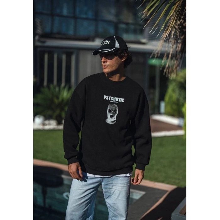 Kışlık Bisiklet Yaka Baskılı SweatShirt - Siyah -