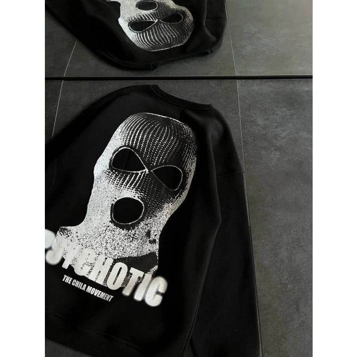 Kışlık Bisiklet Yaka Baskılı SweatShirt - Siyah