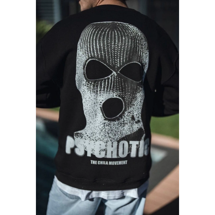 Kışlık Bisiklet Yaka Baskılı SweatShirt - Siyah -