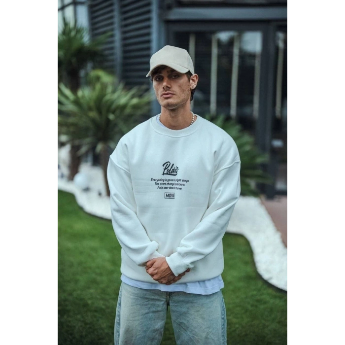 Kışlık Bisiklet Yaka Ön Ve Arka Baskılı SweatShirt - Beyaz -