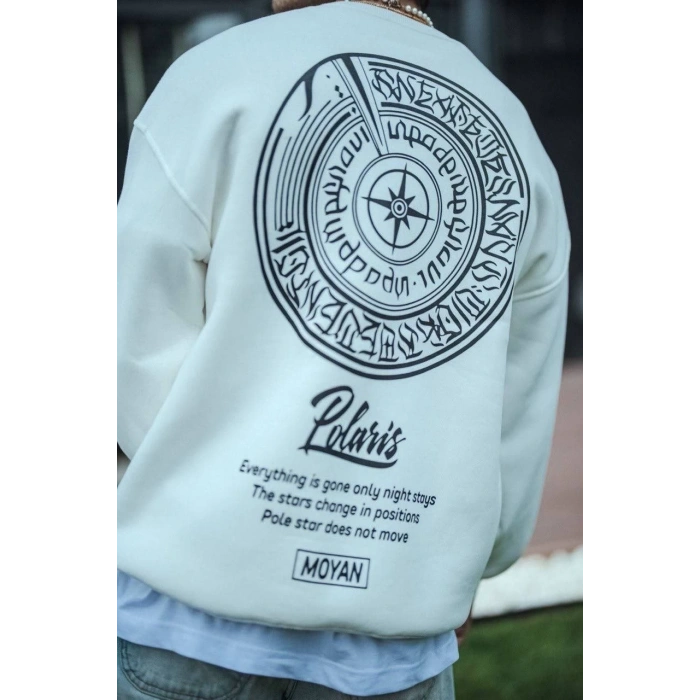 Kışlık Bisiklet Yaka Ön Ve Arka Baskılı SweatShirt - Beyaz -