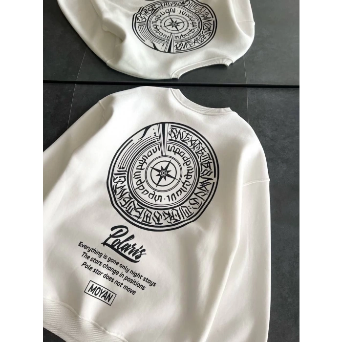 Kışlık Bisiklet Yaka Ön Ve Arka Baskılı SweatShirt - Beyaz -