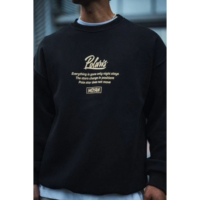 Kışlık Bisiklet Yaka Ön Ve Arka Baskılı SweatShirt - Siyah -
