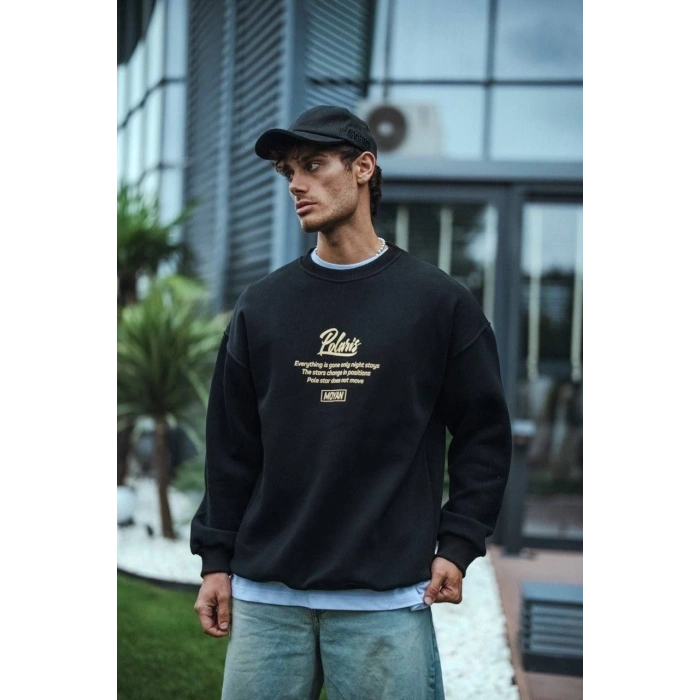 Kışlık Bisiklet Yaka Ön Ve Arka Baskılı SweatShirt - Siyah -