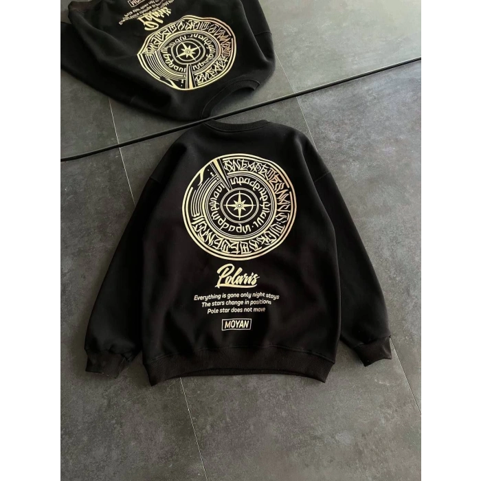 Kışlık Bisiklet Yaka Ön Ve Arka Baskılı SweatShirt - Siyah -