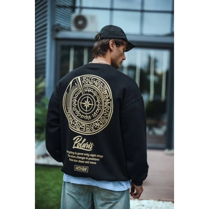 Kışlık Bisiklet Yaka Ön Ve Arka Baskılı SweatShirt - Siyah -