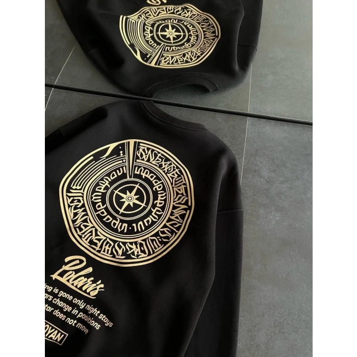 Kışlık Bisiklet Yaka Ön Ve Arka Baskılı SweatShirt - Siyah -
