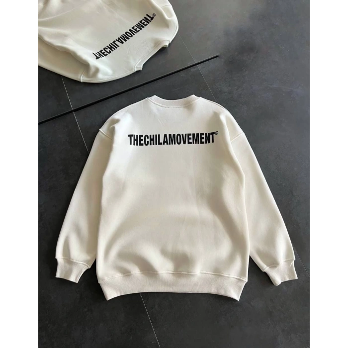 Kışlık Bisiklet Yaka Oversize Baskılı SweatShirt - Beyaz -