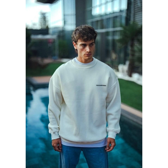 Kışlık Bisiklet Yaka Oversize Baskılı SweatShirt - Beyaz -