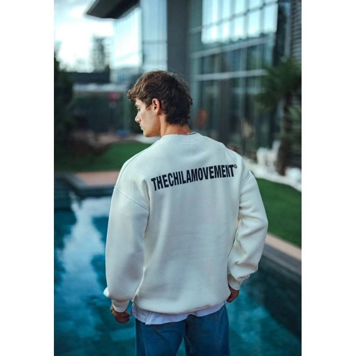 Kışlık Bisiklet Yaka Oversize Baskılı SweatShirt - Beyaz -