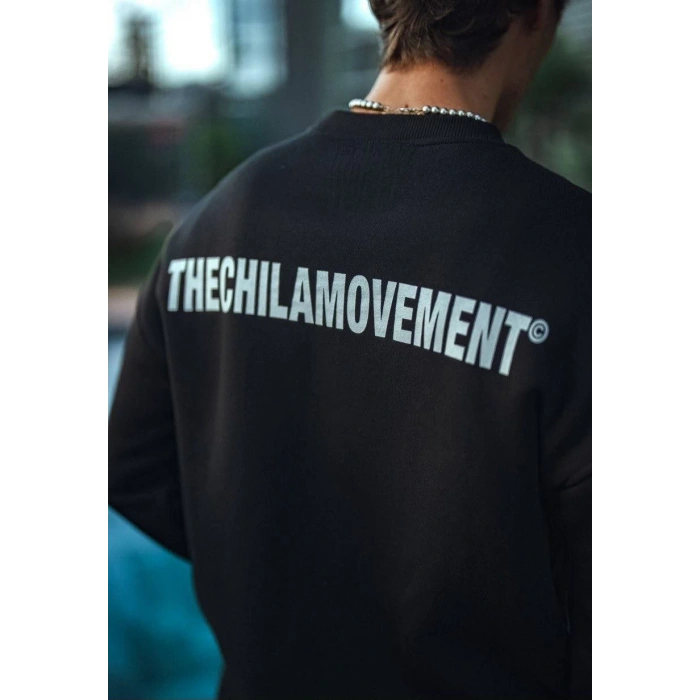 Kışlık Bisiklet Yaka Oversize Baskılı SweatShirt - Siyah -