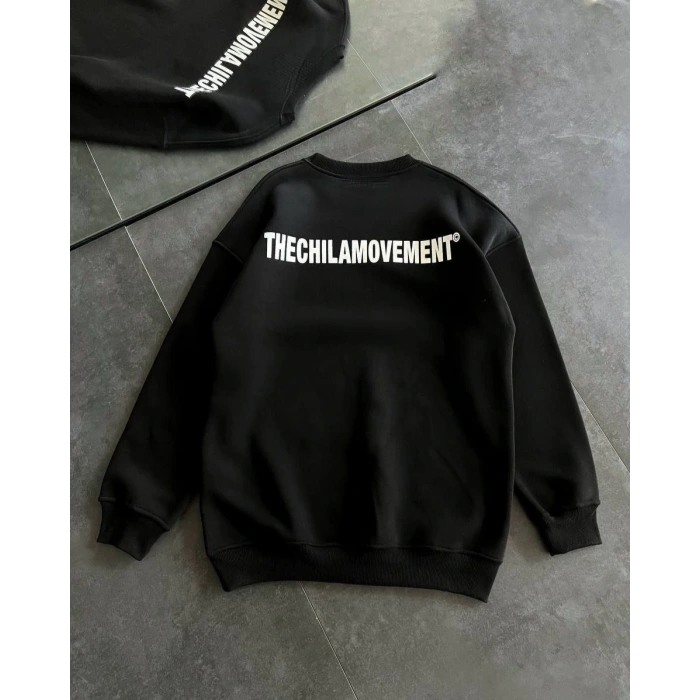 Kışlık Bisiklet Yaka Oversize Baskılı SweatShirt - Siyah -