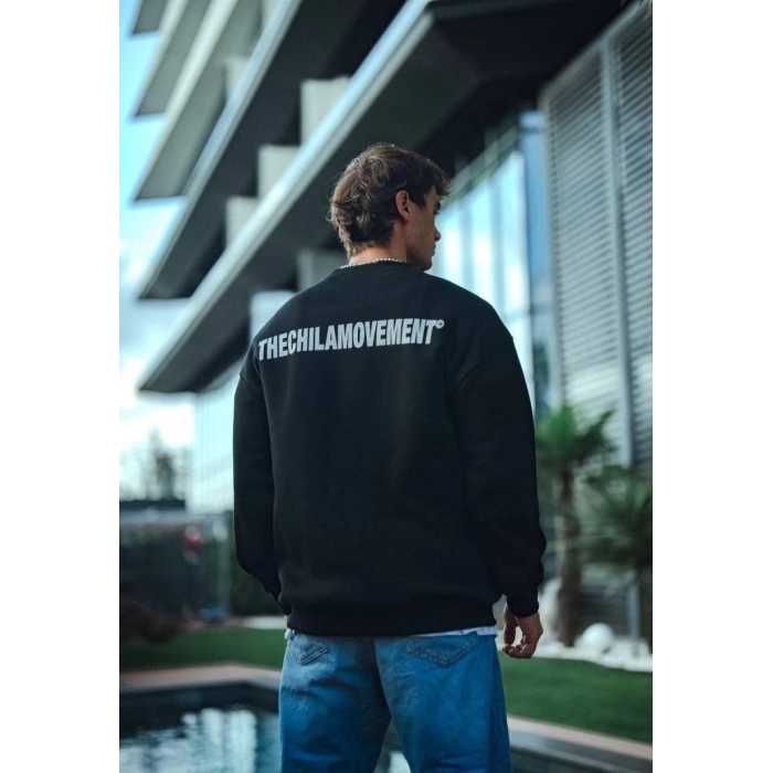 Kışlık Bisiklet Yaka Oversize Baskılı SweatShirt - Siyah -