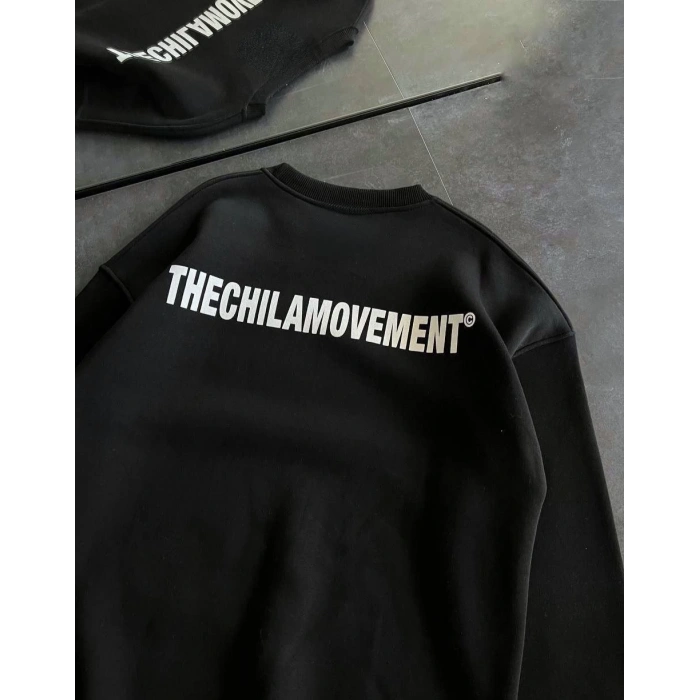 Kışlık Bisiklet Yaka Oversize Baskılı SweatShirt - Siyah -