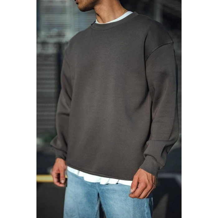 Kışlık Bisiklet Yaka Üç İplik Basic SweatShirt - Antrasit -