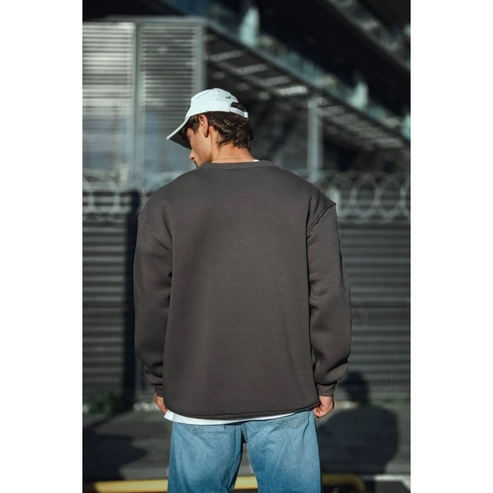 Kışlık Bisiklet Yaka Üç İplik Basic SweatShirt - Antrasit -