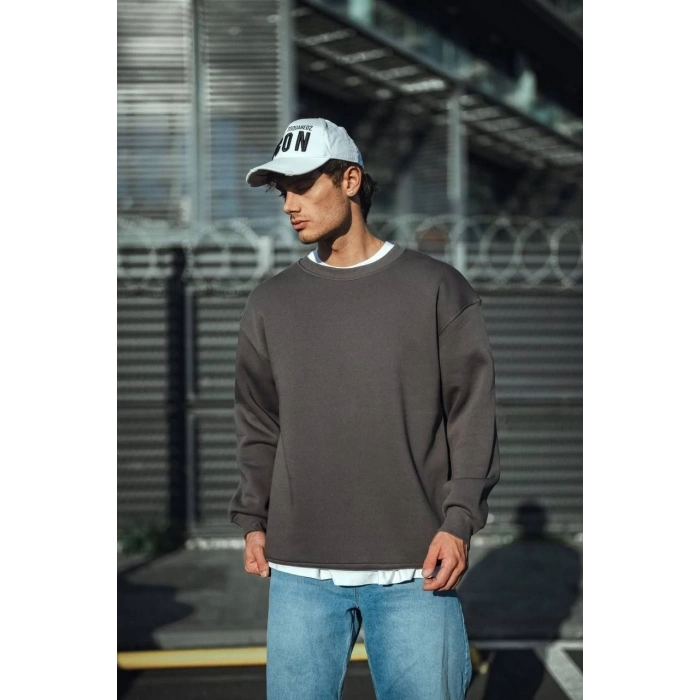 Kışlık Bisiklet Yaka Üç İplik Basic SweatShirt - Antrasit -