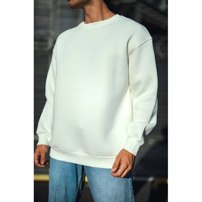 Kışlık Bisiklet Yaka Üç İplik Basic SweatShirt - Beyaz -