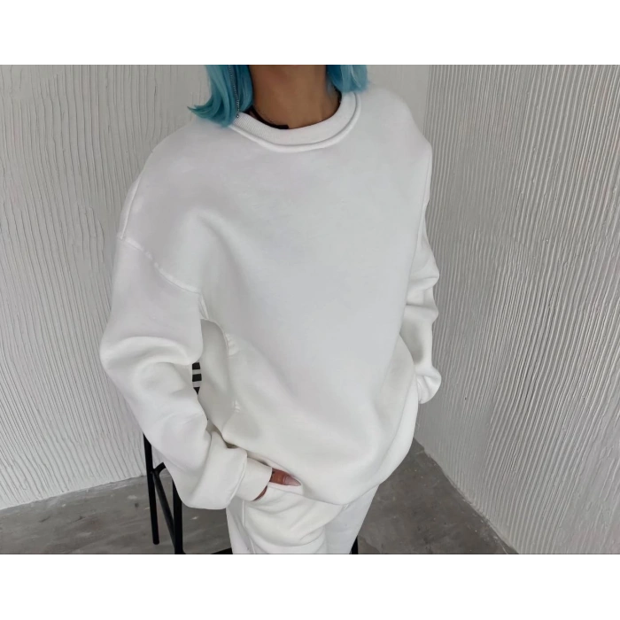 Kışlık Bisiklet Yaka Üç İplik Basic SweatShirt - Beyaz -