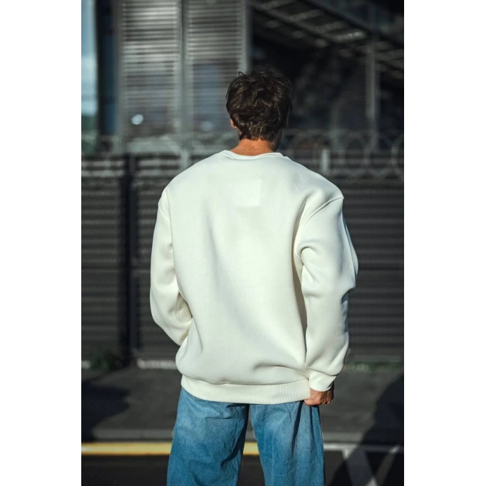 Kışlık Bisiklet Yaka Üç İplik Basic SweatShirt - Beyaz -