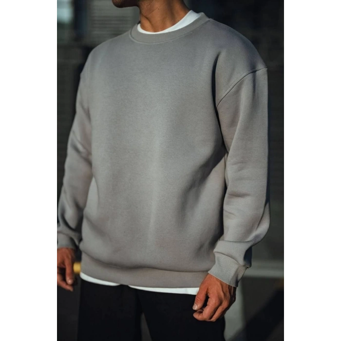 Kışlık Bisiklet Yaka Üç İplik Basic SweatShirt - Boyalı Gri -
