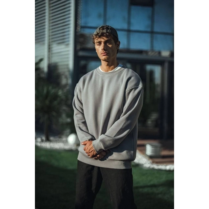 Kışlık Bisiklet Yaka Üç İplik Basic SweatShirt - Boyalı Gri -